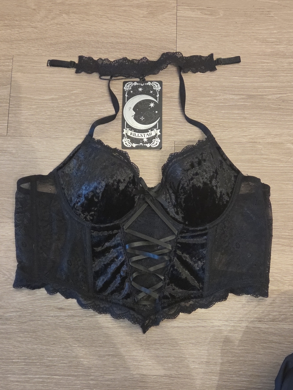 Killstar Black Velvet Lace Corset Bralette with Halter Strap